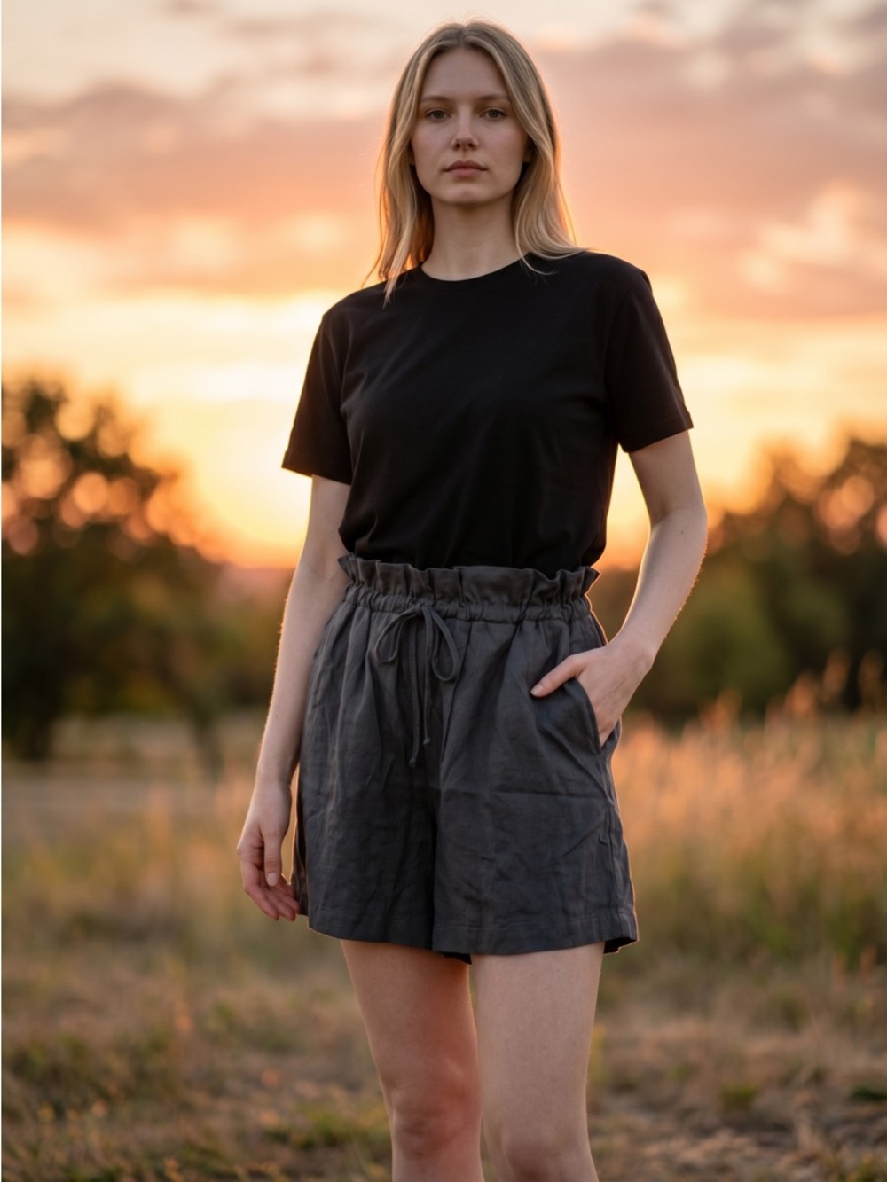 white birch Black Paperbag Waist Drawstring Shorts